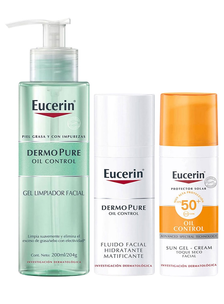 Pack Eucerin Dermopure Gel Limpiador + Fluido Hidratante Matificante + Sun Fluido Toque Seco SPF50+