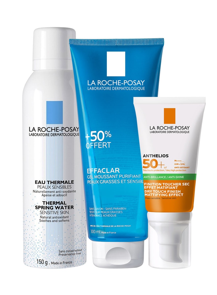 Pack Piel Grasa Effaclar Gel Moussant + Anthelios Toque Seco + Agua Termal de 150 ml