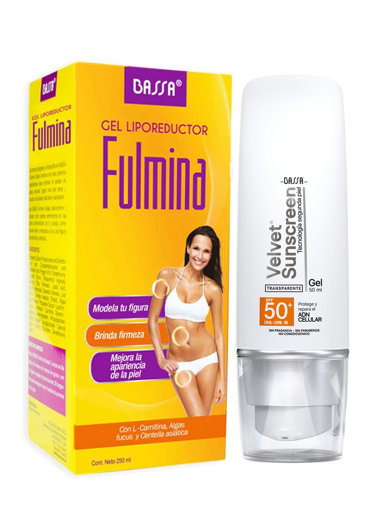 Pack Velvet Sunscreen Transparente 50 ml + Gratis Fulmina Gel Liporeductor